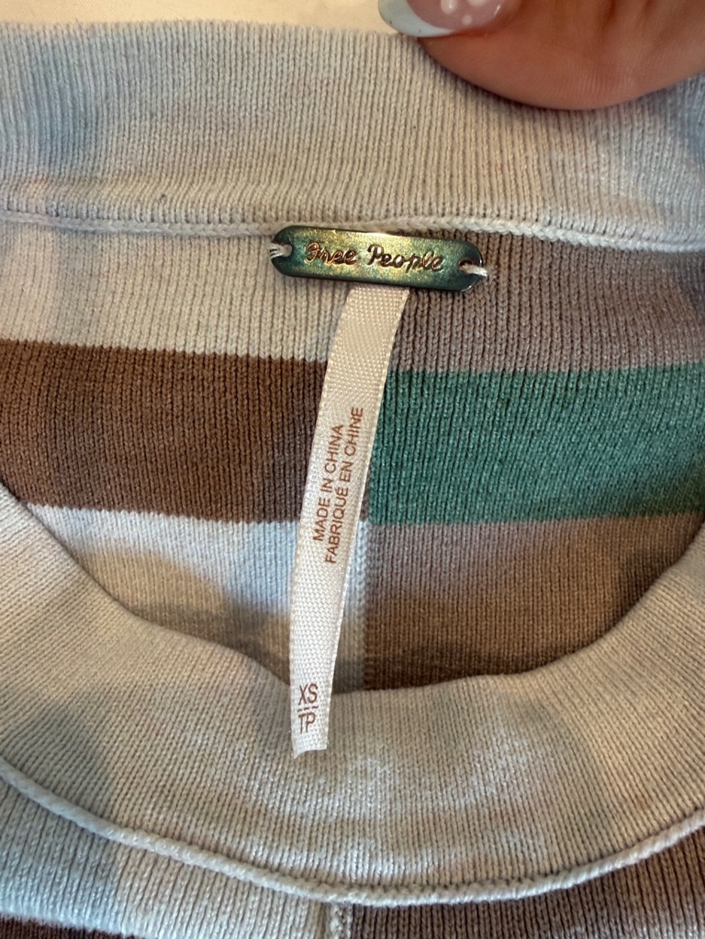 Free People Two-Tone Striped Crewneck Sweater - Cream, Brown, Green - Picture 2 of 4